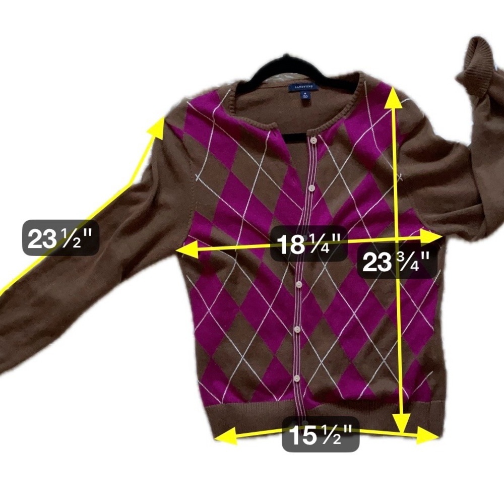 Lands’ End Argyle Cardigan Sweater Brown & Pink Preppy Grandpacore Office Medium - Picture 5 of 7